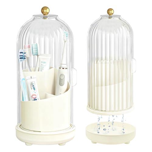 Multifunctional Rotating Toothbrush Holders with Sliding Lid and Draining Tray, 3-Slot Bathroom Countertop Vanity Organizer for Tooth Brush, Toothpaste, and Makeup Brushes Holder Storage (White)