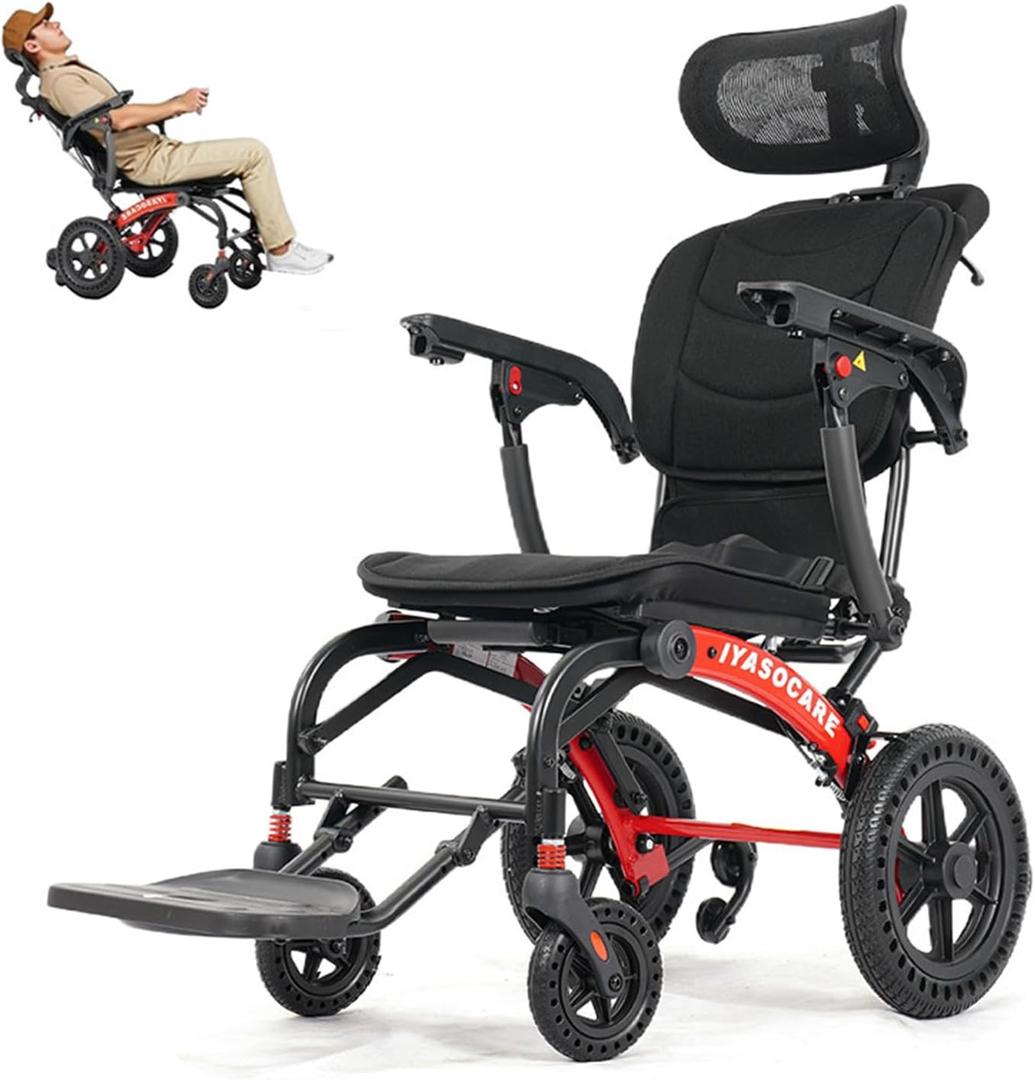 Reclining Lightweight Wheelchair for Adults & Seniors 28lb Foldable Travel Wheelchair with Adjustable 90-135 Backrest,Removable Headrest, Anti-Tip Wheels,330 lb Capacity