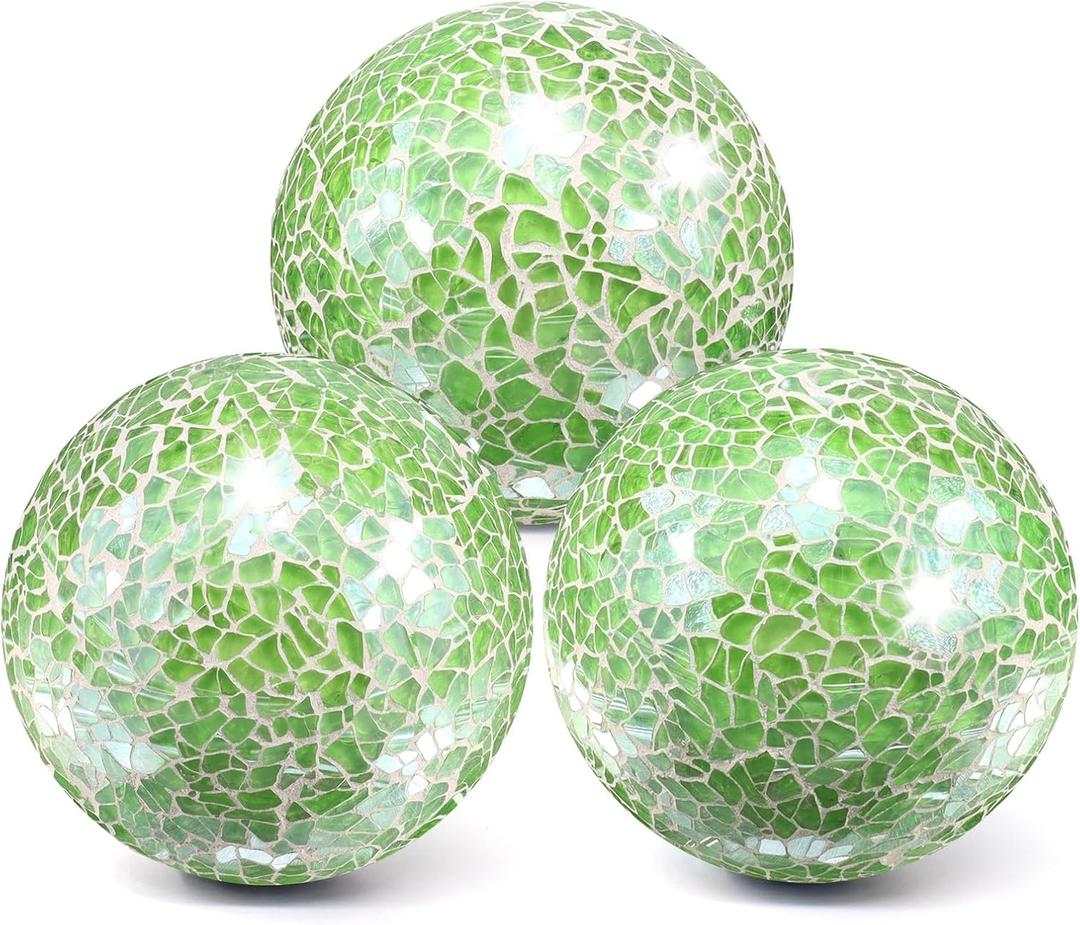 Decorative Balls 3Pcs Set Mosaic Glass Sphere 8.5cm/3.35inch Table Centerpiece Green Orbs for Home Decor