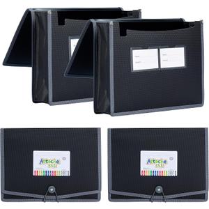 FANWU 4 Pack Plastic Expanding File Wallet Document Organizer with Elastic Cord & Button Closure, Letter Size, 3.5" Expansion, Poly A4 Expandable File Folder for School Office & Home Organization (Black)