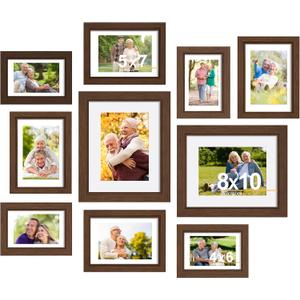 Povrgive Picture Frames, Made of Real Glass and Wooden Frame, Gallery Photo Frames Set of 10 for Collage Wall Decor, Multi Sizes Including 8x10, 5x7, 4x6 for Mounting or Tabletop Display, Dark Brown