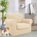 YEMYHOM Latest Checkered 2 Pieces Chair Covers for Living Room High Stretch Thickened Chair Slipcovers with Arms Anti Slip Elastic Armchair Sofa Couch Slipcover Protector (Beige), 31"-46"(1 Cushion)