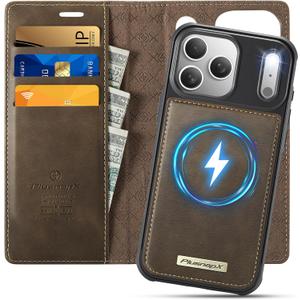 Wallet Case for iPhone 17 Pro Compatible with Magsafe, 2-in-1 PU Leather Flip RFID Blocking Card Holder Stand Shockproof Magnetic Detachable Cover for iPhone 17 Pro Case 6.3", Brown