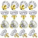 SHINY HANDLES Satin Brass Knobs for Cabinet, Crystal Gold Cabinet Pulls Vintage, Glass Knobs and Pulls for Dresser Drawer, Kitchen Bathroom(Round, Satin Brass, 16 Pack)