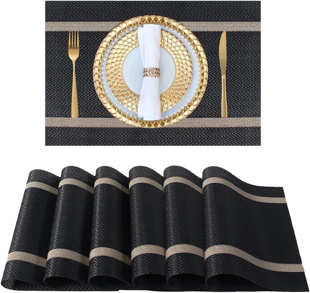 FAVE Placemats Set of 6 Black Placemats Woven with Golden Thread Durable and Wipeable Vinyl Placemat Set of 6 for Wedding, Banquet, Birthday, Party, Restaurant DecorationsBlack (12"x18"-6PCS)
