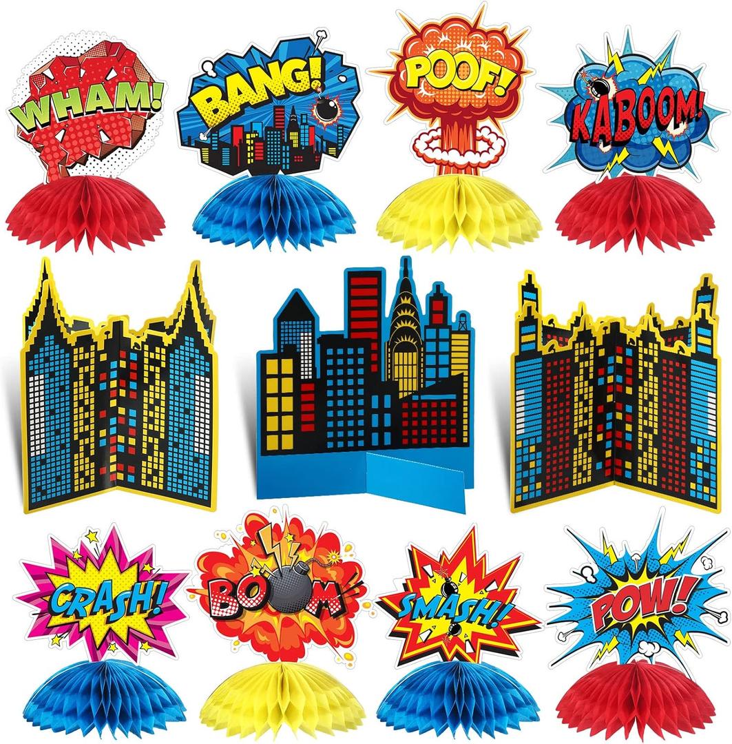 Funrous 11 Pieces Hero Party Decoration Hero Honeycomb Centerpieces 3D Table Topper Paper Large Word Centerpieces Fun Action Sign Standing Card for Birthday Baby Shower Decor Supplies(Classic)