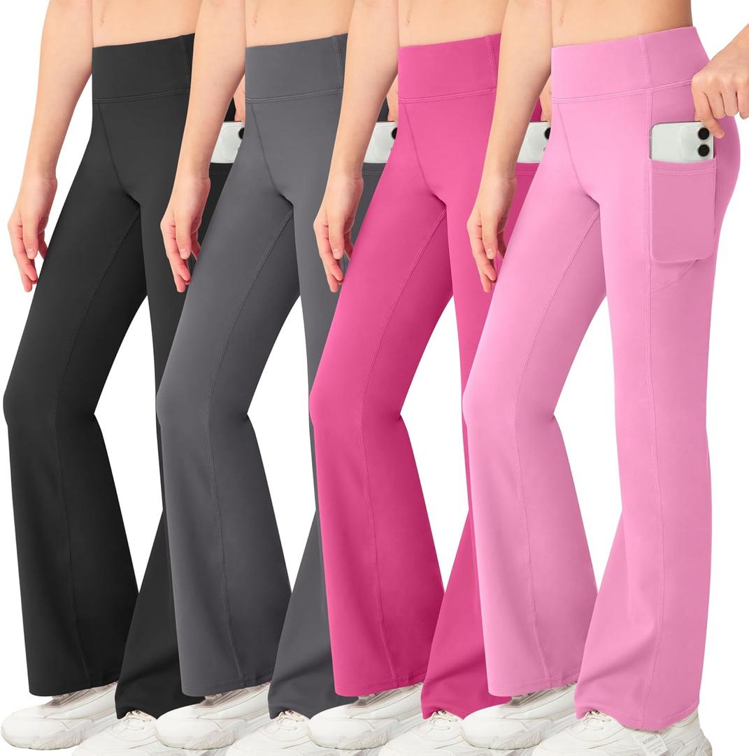 NORMOV Girl's Bootcut Yoga Pants with Pockets,High Waisted Casual Kids Bell Bottoms Pants (8-9 Years, 4packs(Black+Dark Grey+Rose Red+Apple Pink))