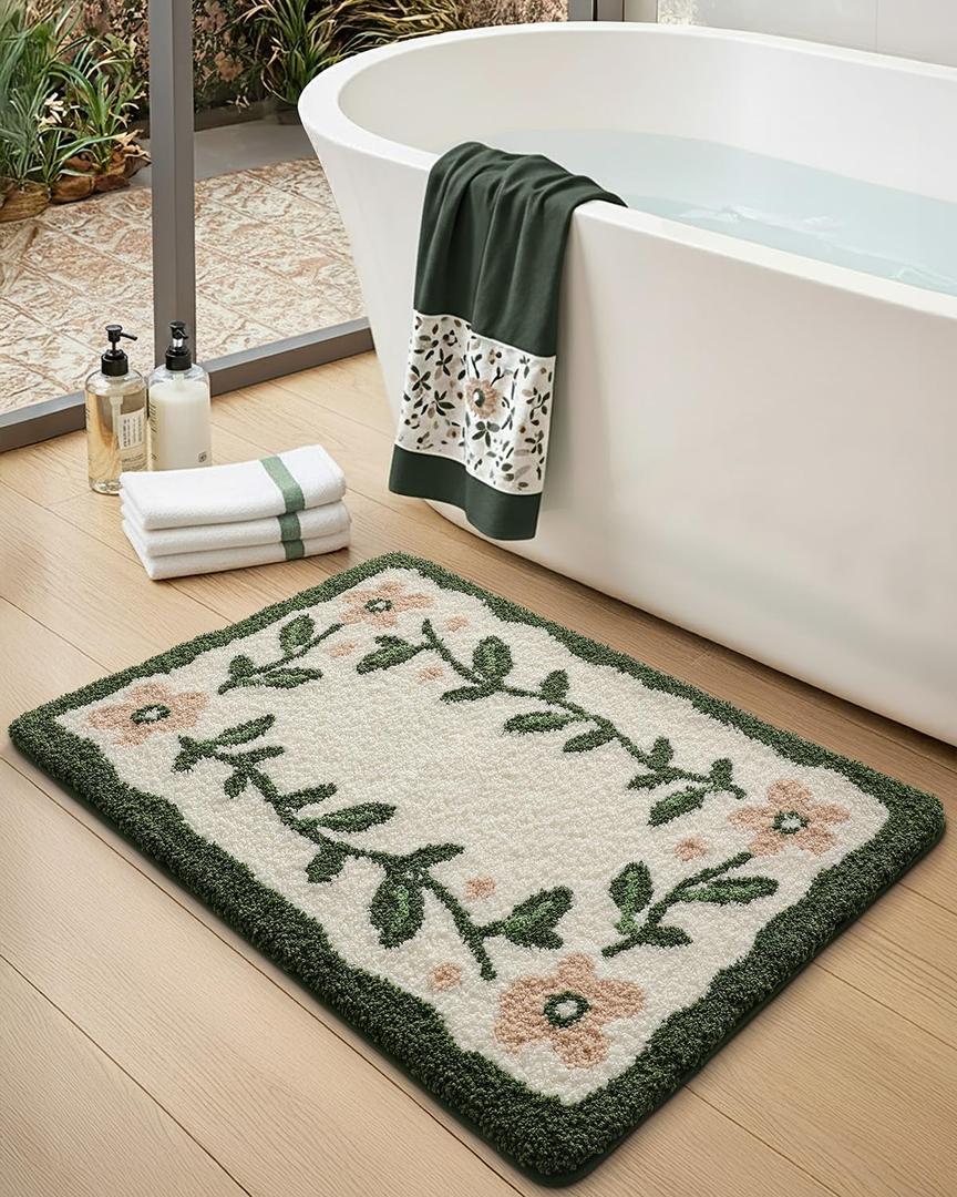 Floral Bathroom Rugs 32x20, Green Leaf Bathmat Non Slip, Washable Absorbent Quick Dry Bath Mat, Soft Plush Microfiber Cute Pink Flower Shower Rug for Shower Floor, Tub, Sink, Beige