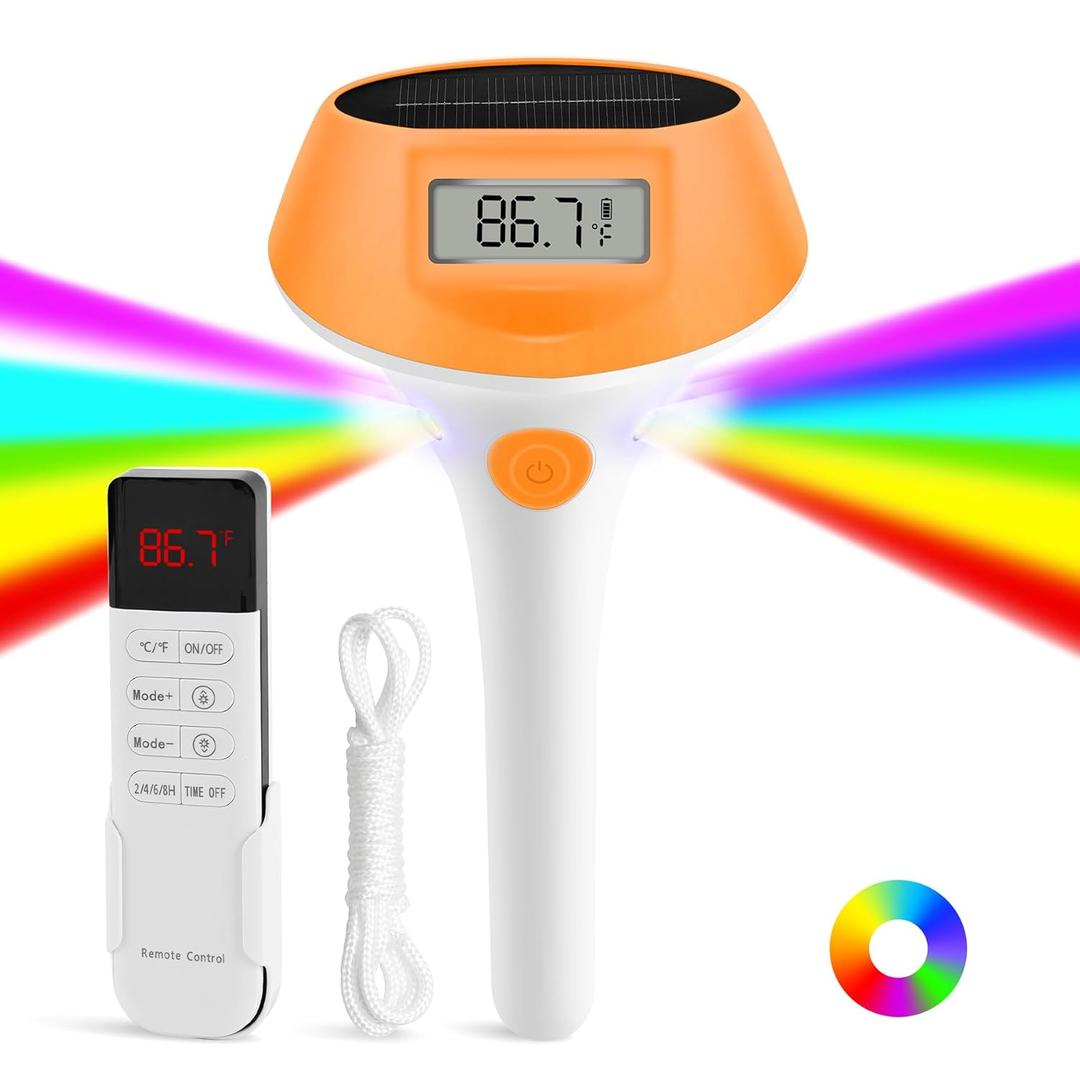 Pool Thermometer Floating Easy Read, Solar Powered Digital Water Thermometer with Led Light and Backlit Display, Magnetic Charging, IP68 Waterproof for Outdoor, Hot Tub, Spa, Bath