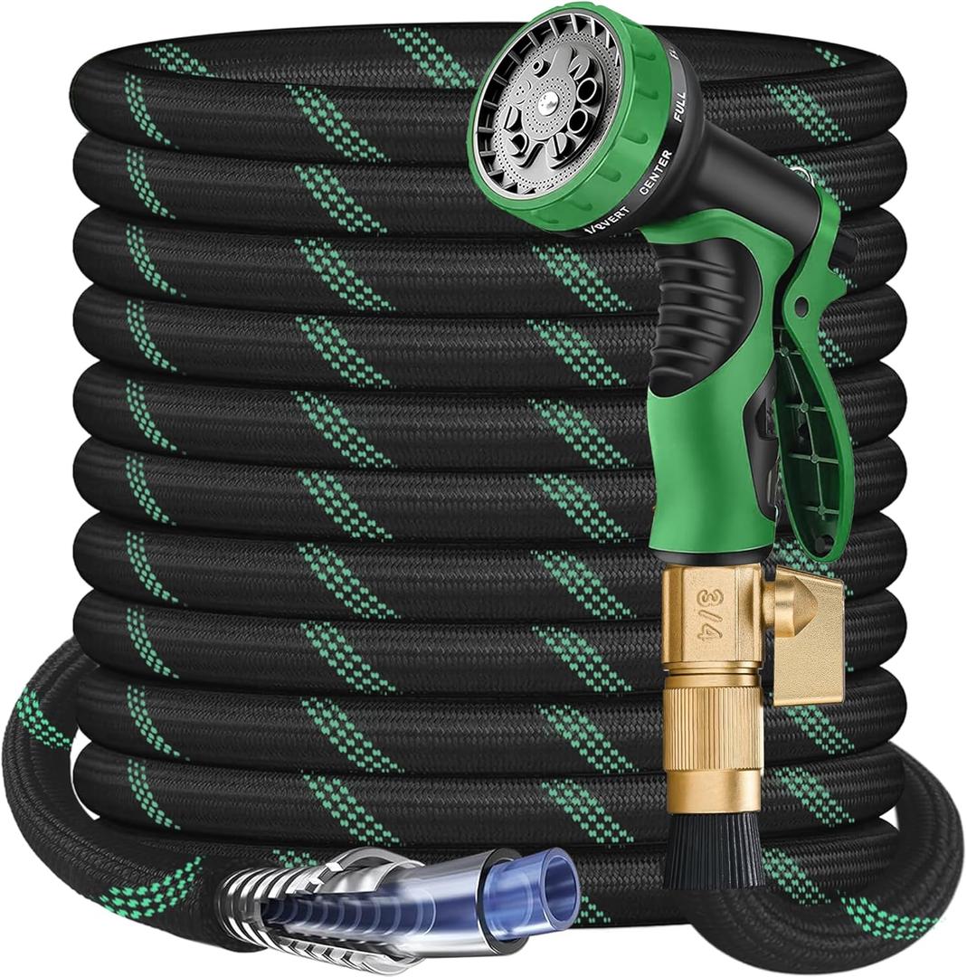 100 ft Garden Hose - 2025 New Upgraded Flexible Water Hose - Ultra Lightweight Kink-free Car Washing Pipe with 10 Function Sprayer and 3/4" Solid Brass Fittings - Durable,Leak proof Garden Hoses (blackgreen)
