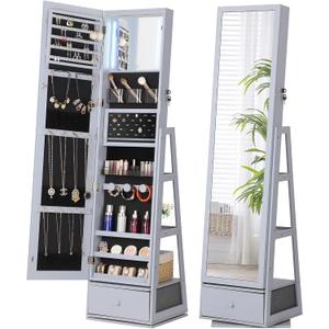 Nicetree 360 Swivel Jewelry Cabinet with Lights, Mirror Jewelry Cabinet Standing, Interior Vanity Mirror, Rotatable Full Length Mirror with Jewelry Storage, Standing Jewelry Armoire Organizer, Grey