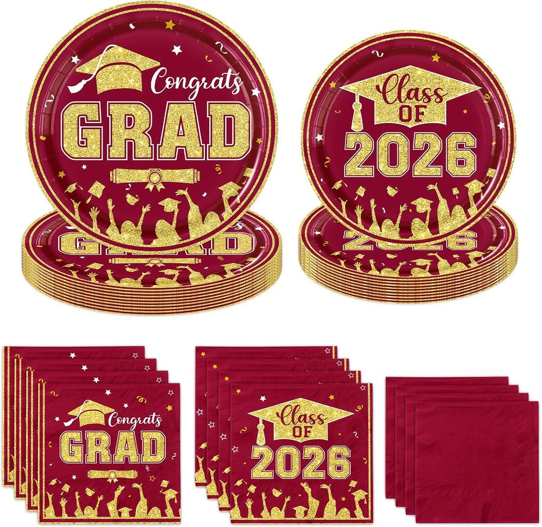 Graduation Decorations 2026 Maroon and Gold Red,Graduation Paper Plates and Napkins Party Supplies Set,200 Count,for College High School Congrats Disposable Party Dinnerware,Serves 50 Dessert Plates