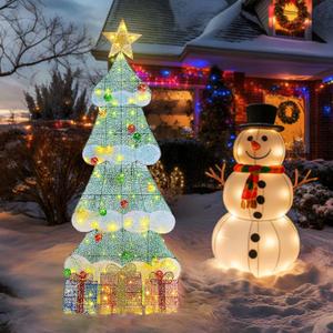 6 FT Lighted Artificial Christmas Tree Outdoor Dcor, Xmas Tree Decor with 100 LED Lights, Indoor Outdoor Light-up Christmas Decoration for Garden Lawn Yard