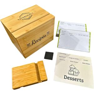 Recipe Box with Cards and Dividers 5 in 1 Bamboo Recipe Organizer 4x6 with 100 Waterproof Recipe Cards, Magnetic Lid, Phone Holder & Non-Slip Pads Gift for Home Cooks