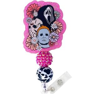 4 x Hope&Luck Halloween Badge Reel, Funny Fall Retractable Nurse Badge Holder with Alligator Clip Glitter Ghost Skull Badge Reels for Nurses Nursing Students Teacher Doctor Name Tag ID Card Decor