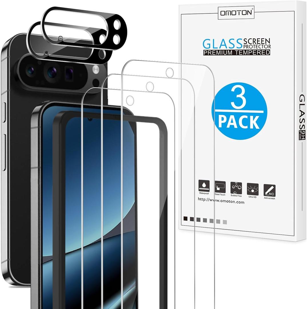 OMOTON 3+2 Pack for Google Pixel 10 Pro XL Screen Protector 6.8 Inch 2025, 3 Tempered Glass Film and 2 Camera Lens Protector, Bubble-free, Easy Installation, Not for Pixel 10 Pro/ 10