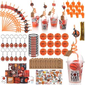 LiYiQ 158 Pcs Basketball Party Favors Basketball Party Supplies with Cup Straw Stress Ball Keychain Sticker Slaps Bracelets Whistle Thank You Tags for Basketball Birthday Decorations (Basketball)
