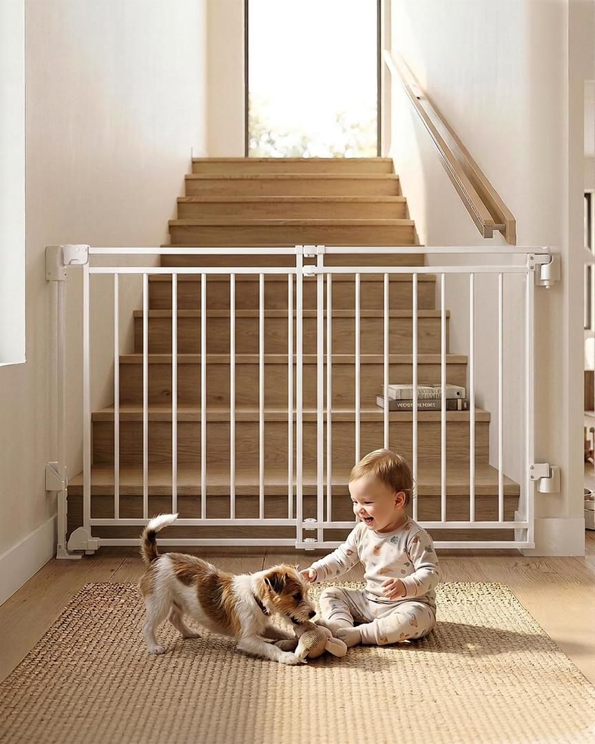 Extra Wide Baby Gate for Stairs Doorways & Kitchen, 32"-54" W x 29" H, No Bottom Bar Dog Gate, One-Handed Auto-Close, Hardware Mount Safety Gate for Dogs & Toddlers, White