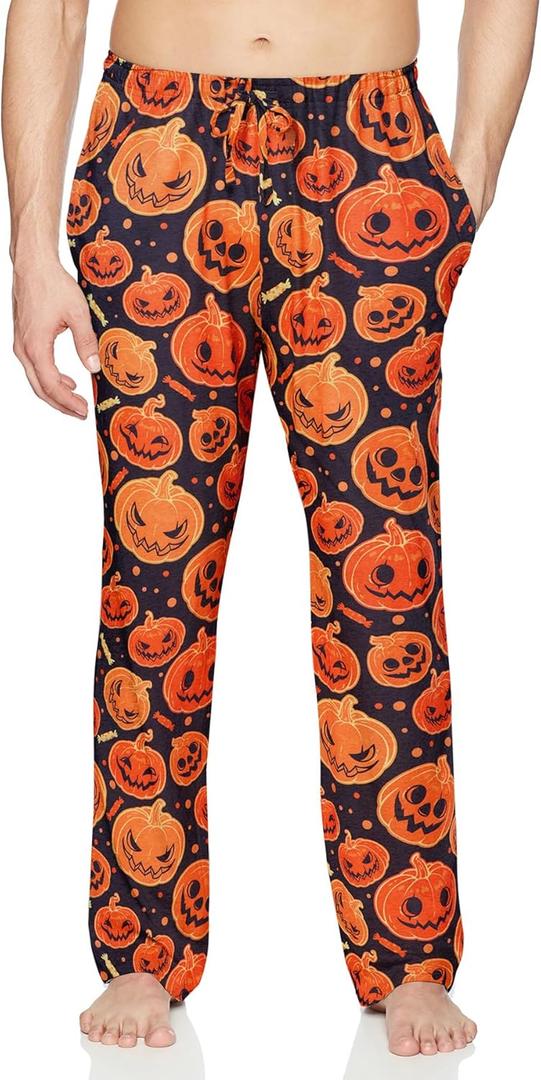 Male Halloween Sleep Loungewear Orange Scary Pumpkin Pyjama for Themed Party Black Colorful PJ's Pants Carnival Rave L