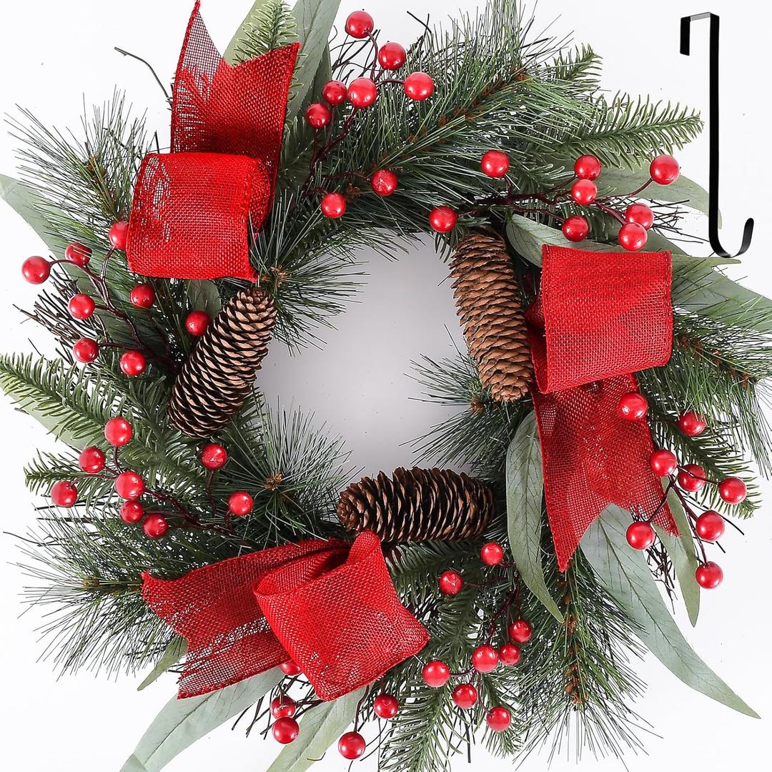 24 Inch Christmas Wreaths for Front Door,Winter Wreaths for Indoor and Outdoor Xmas Decorations,Christmas Door Wreath with Red Christmas Ribbon, Pine Cones for Decor (Green)