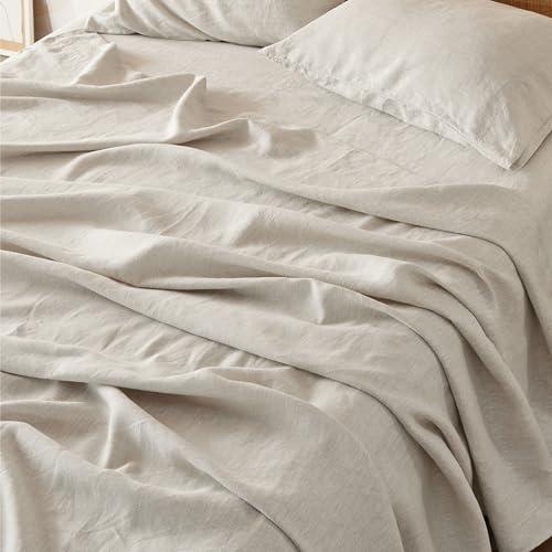 Bedsure Linen Sheets - Queen Size Bed, Blend from Linen Cotton Bedsheets, Breathable Cotton Bedsheets, Gifts for All Seasons, 4 Pieces, Linen