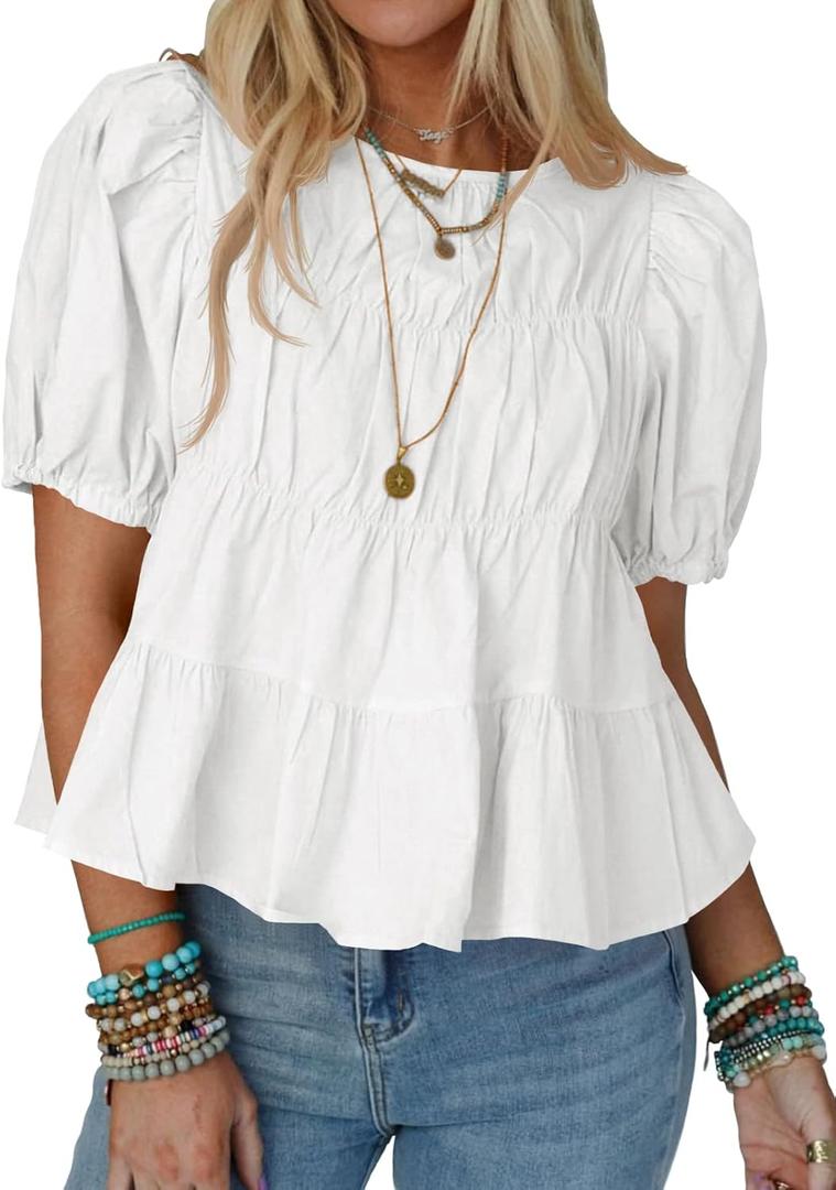 Tankaneo Womens Puff Sleeve Peplum Babydoll Tops Summer Smoked Pleated Cotton T-Shirts Casual Loose Fit Flowy Blouse (XX-Large)