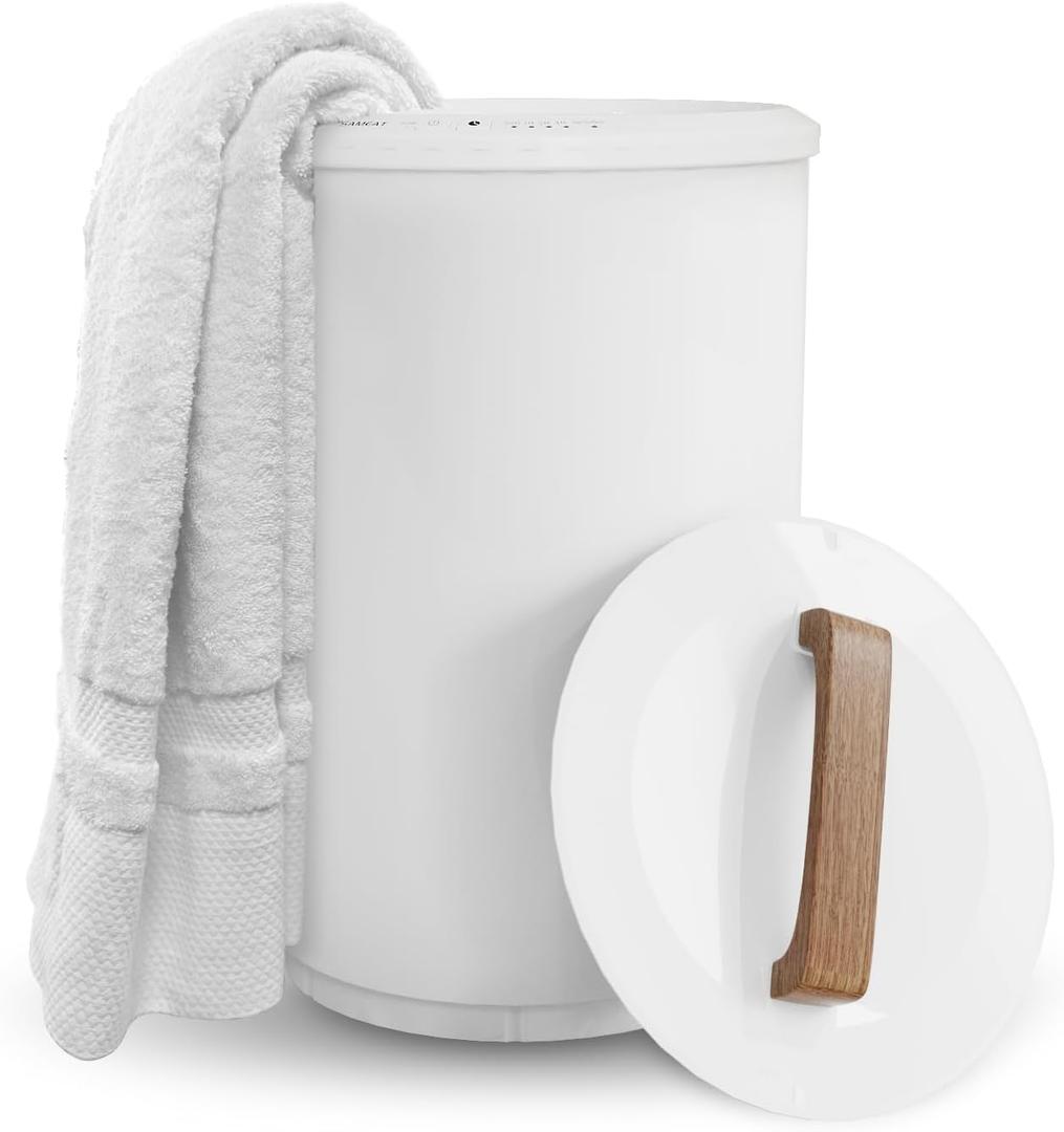 SAMEAT Heated Towel Warmers for Bathroom - Large Towel Warmer Bucket, Wood Handle, Auto Shut Off, Fits Up to Two 40"X70" Oversized Towels, Best Ideals (White)