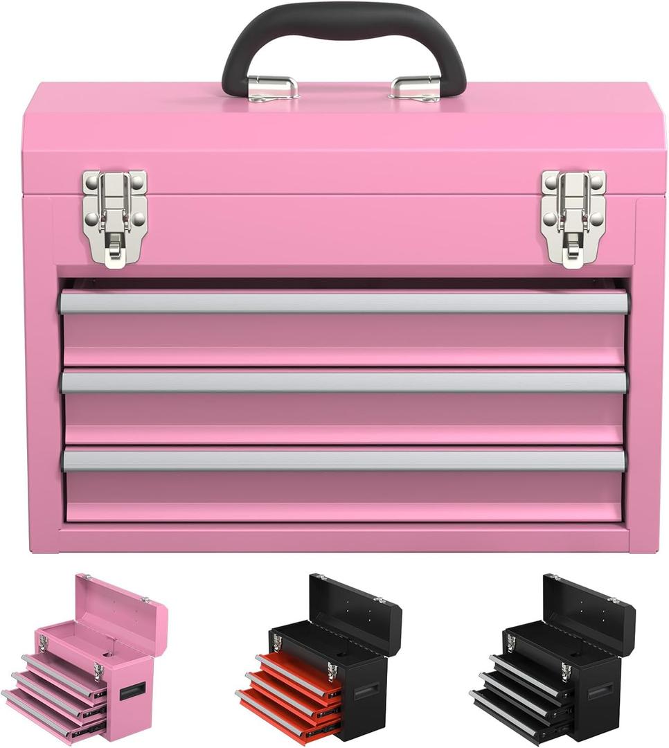 3 Drawers small Tool Box,Portable 3 Drawer Steel Tool Box with Locking System toolbox organization with Liner for Tools Storage (Pink)