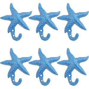 Ferraycle Set of 6 Starfish Cast Wall Hooks Outdoor Decorative Wall Hooks Blue Sea Star Iron Towel Hooks Antique Starfish Decorative Coat Hooks for Aprons Hats Keys Bathroom Kitchen