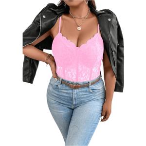 COZYEASE Women's Plus Size Lace Bustier Cami Bodysuit Sleeveless Sheer Mesh Corset Romper (L)