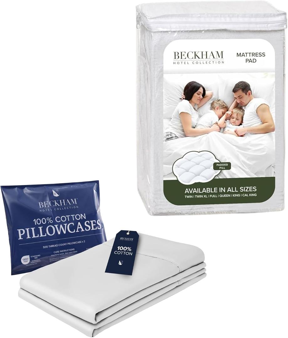 Beckham Hotel Collection Mattress Pad & Cotton Pillowcases, King, White