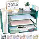 OPNICE Desk Organizer, 4-Tier Desktop File Organizer with Drawer and 2 Pen Holders, Office Desk Accessories, File Sorters, Workspace Organizers for Office Supplies(Dark Green)