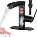 MakeFit Bathroom Faucets, Waterfall Sink Faucet with Hard Water Filter, Black Rv Bathroom Sink Faucet with 360° Swivel Spout for 1-Hole or 3-Hole, Single Handle Bathroom Sink Faucet with Pop Up Drain