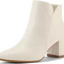 mysoft Women's Ankle Boots Chunky Block Low Heel Comfortable Pointed Toe Side V Cutout Dressy Office Booties with Zipper (8, Cream Pu)