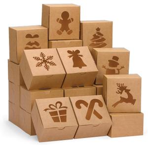 45pcs 4x4x2.5in Christmas Cookie Boxes, Brown Kraft Treat Boxes with Window, Small Xmas Bakery Boxes for Holiday Party Favor Pastries, Cupcakes, Cookies, Donuts, Gift Wrapping