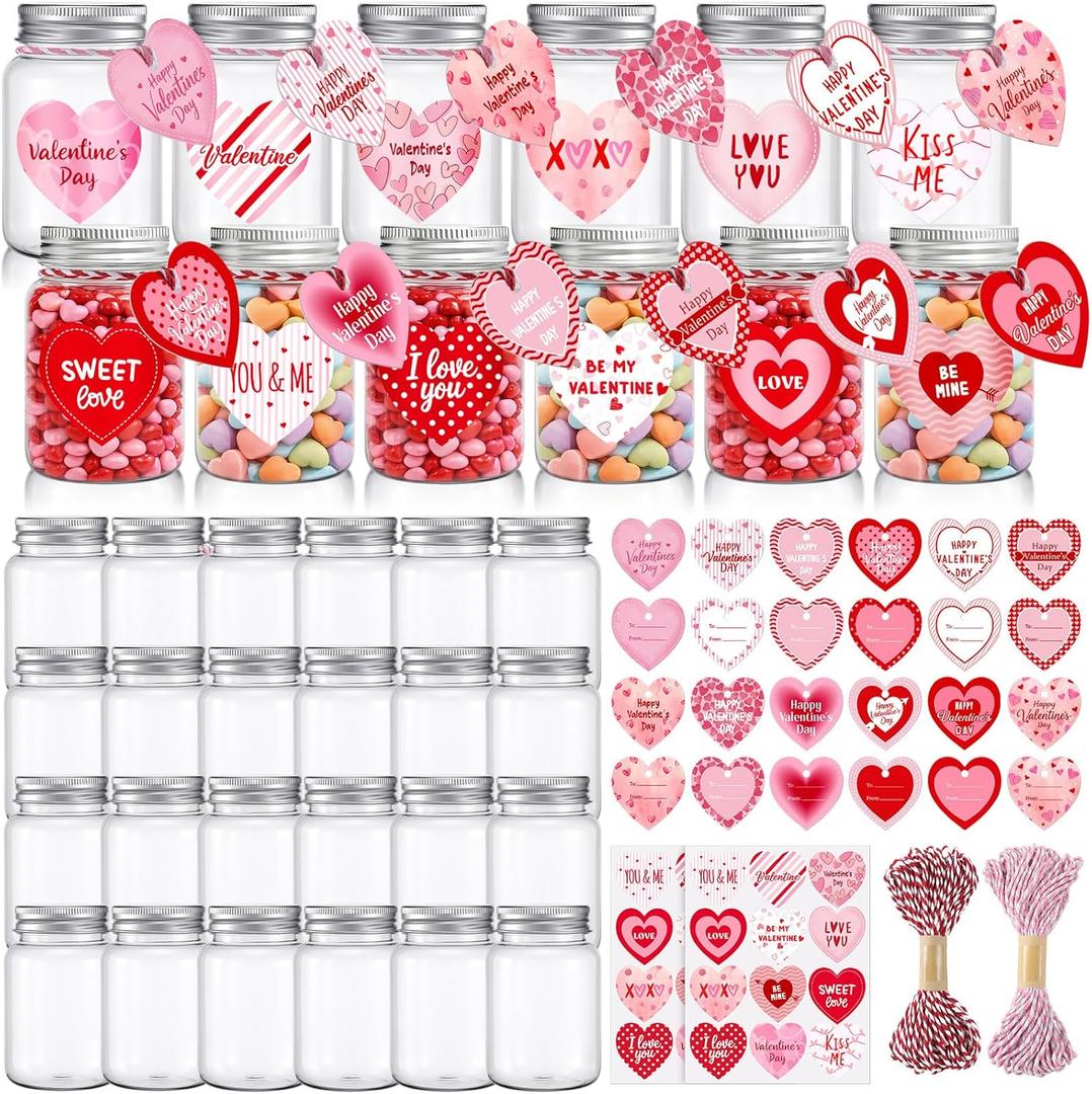 Remerry 24 Set Valentine's Day Mason Jar for Candy Cookie 5 oz Clear Plastic Jars with Lids Red Love Heart Stickers Gift Tags for Valentines Party Favor Classroom Exchange Gifts
