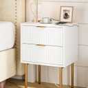 Masupu Nightstand with Charging Station,Mid-Century Modern Bedside Table with 2 Storage Drawer,Small Gold Frame Side End Table for Bedroom,Living Room (White)