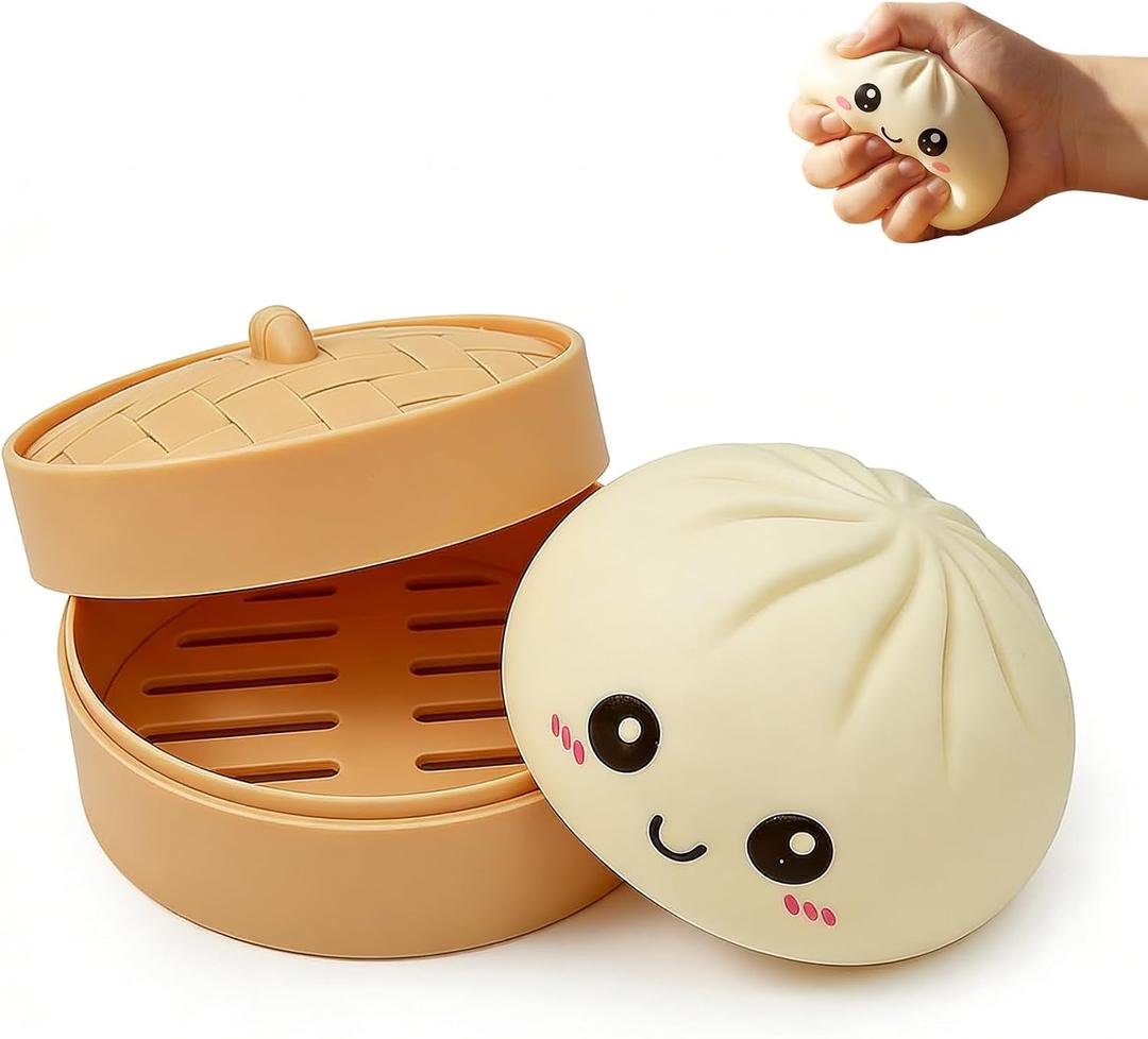 Dumpling Squishies Mystery Box, Giant Dumpling Squishy Stress Relief Desk Fidget, Jumbo Soft Squeeze Decompression with Steamer Box for Office, Home Desk Decor, Easter Basket Stuffers(White)