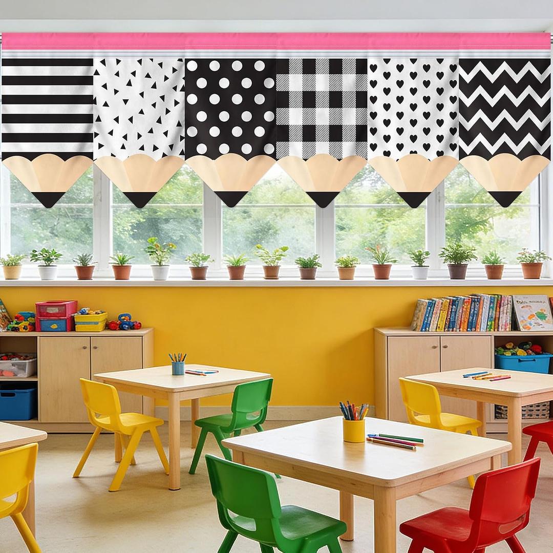 6 Pcs Classroom Curtain Black and White Pencil Curtains Back to School, 11.8"W x 7.9"L