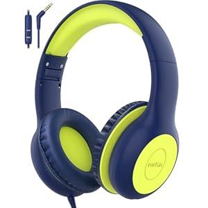 EarFun Kids Headphones Wired with Microphone, 85/ 94dB Volume Limit Headphones for Kids, Portable Wired Headphone with Shareport, Stereo Sound Foldable Headset for School/ Tablet/ iPad, Blue Lemon