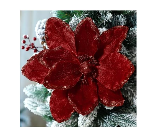 Thiccywoov 8 Pcs Large Christmas Flower Magnolia Flowers Christmas Tree Decoration Artificial Poinsettia Stems Velvet Xmas Ornaments for Xmas Tree Table Decor(Red,12 Inch)