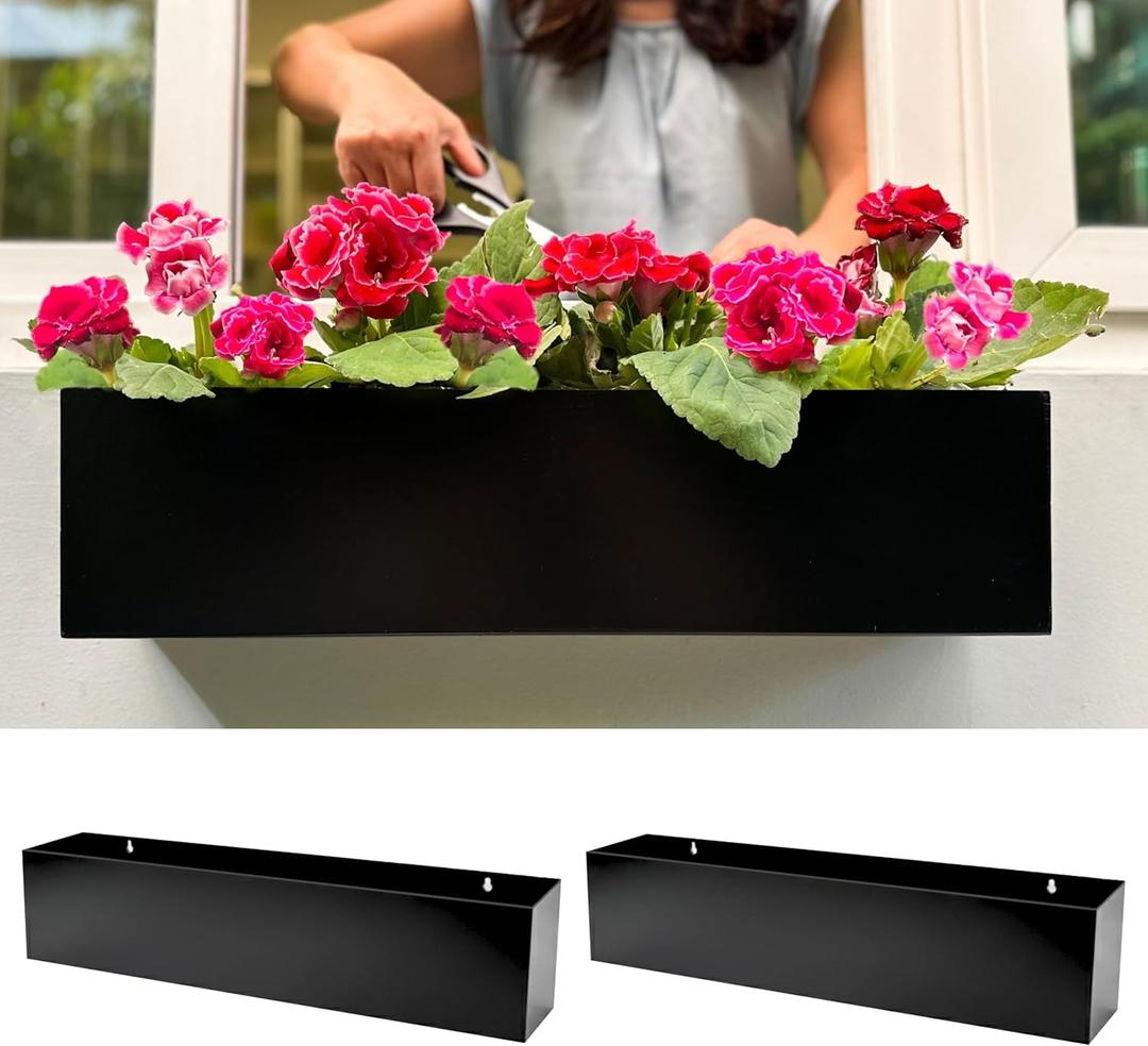 LaLaGreen Wall Planter (24 Inch, 2 Pack) Rectangular Metal Hanging Flower Pot for Succulents Carbon Steel Black, Long Window Sill Box Modern Fence Floating Garden Shelf for Deck Indoor Outdoor Decor