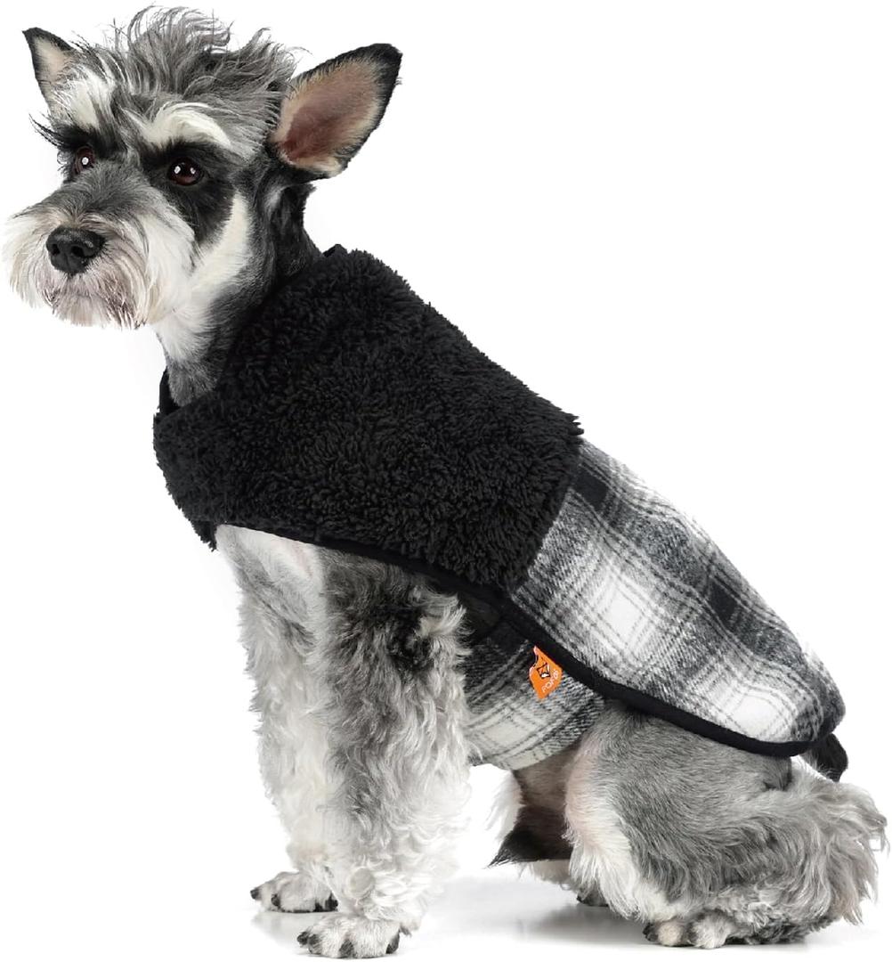 FOFOS Dog Winter Coat, Plush Dog Jacket with Leash Hole, Adjustable Warm Pet Snow Vest for Small Medium Dogs, Black, L