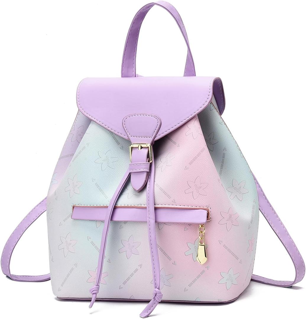I IHAYNER Leather Drawstring Backpack for Women Stylish Color-Blocked Printed Design Durable Functional Backpack for Travel Purple