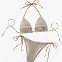SHENHE Women's 2 Piece Crochet Mesh Bikini Sets Halter Triangle Top Tie Side Bathing Suit Shell Swimsuit (M)