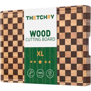 Cutting Boards for Kitchen, Extra Large Chopping Board for Stovetop, Checkered Acacia Wood Cutting Board with Juice Grooves, Butcher Block with Gift Box, 20" x 15" x 1"