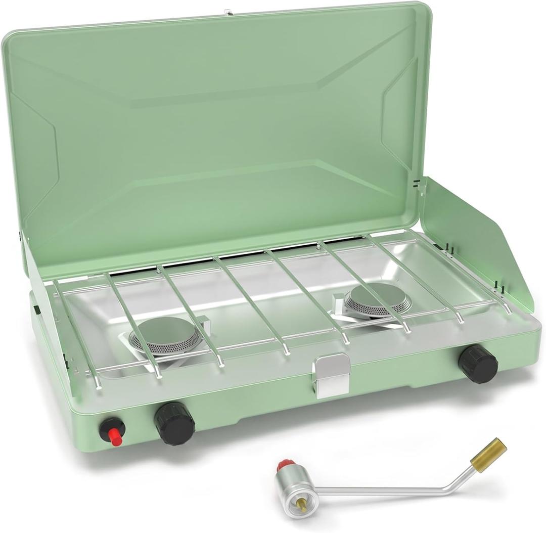 Portable Camping Stove, Propane Gas Camping Cooktop, 2 Burner, 20000 BTUs, Windscreen, Instant Ignition with Adjustable Burners Pressure Regulator for Camping Cooker BBQ Tailgating RV (Light Green)