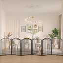 BHG Metal No-Assembly Freestanding Dog Gate with Door Walk Through, Extra Wide 144", Extra Tall 32" Pet Gate, Accordion Puppy Folding Playpen Dog Fence, with 2PCS Support (Black, 6 panesl)