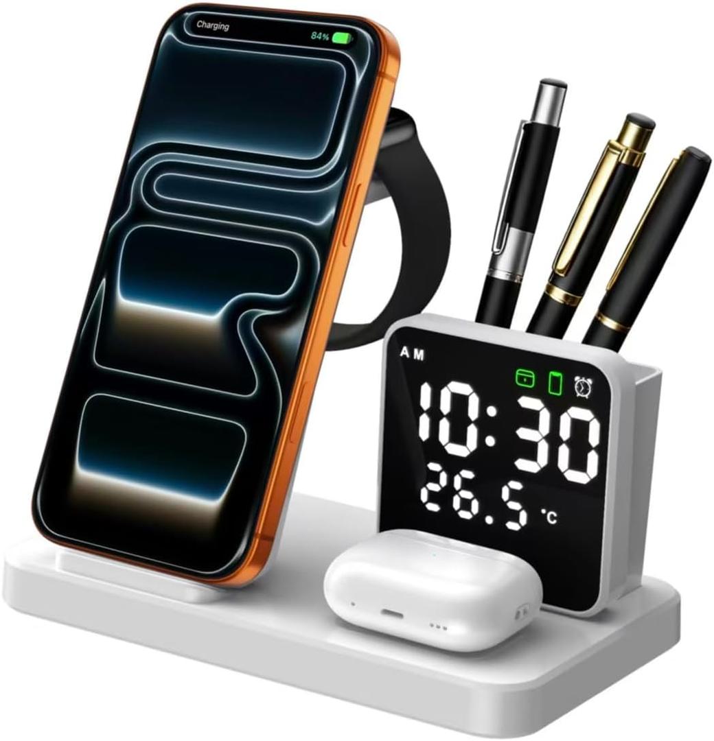 5 in 1 Wireless Charging Station with Alarm Clock Pen Holder, Fast Wireless Charger for iPhone 17/16/15/14/13/12/Pro/Max/Air, for iWatch & AirPods, Charger Stand with Temperature, Snooze Model White