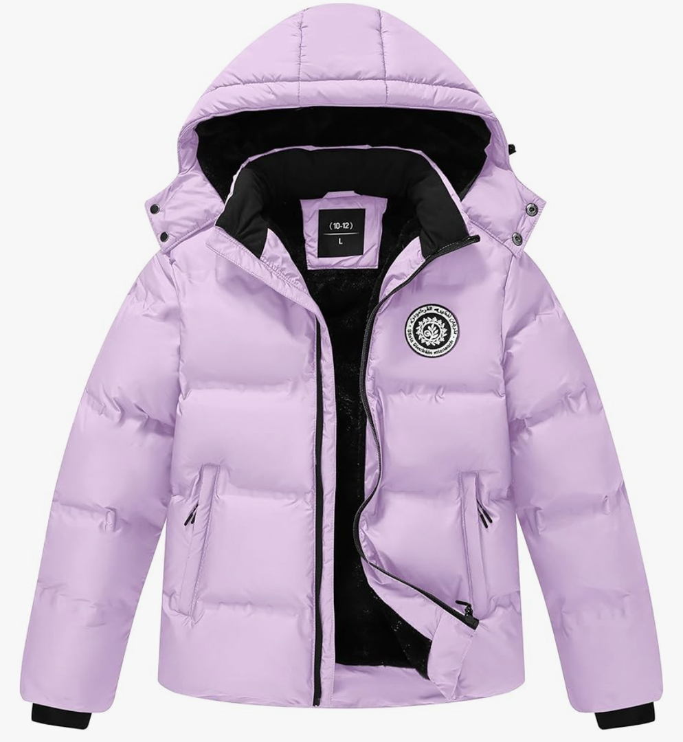 Kids Winter Coat Warm Fleece Thermal Padded Jackets with Detachable Hood Outdoor Puffy Jacket with Zip Pockets Size XL